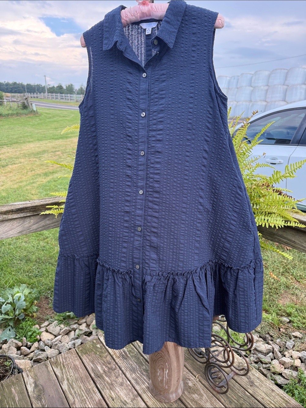 Time and Tru Navy Sleeveless Button-Front Ruffle-Hem Dress with pockets